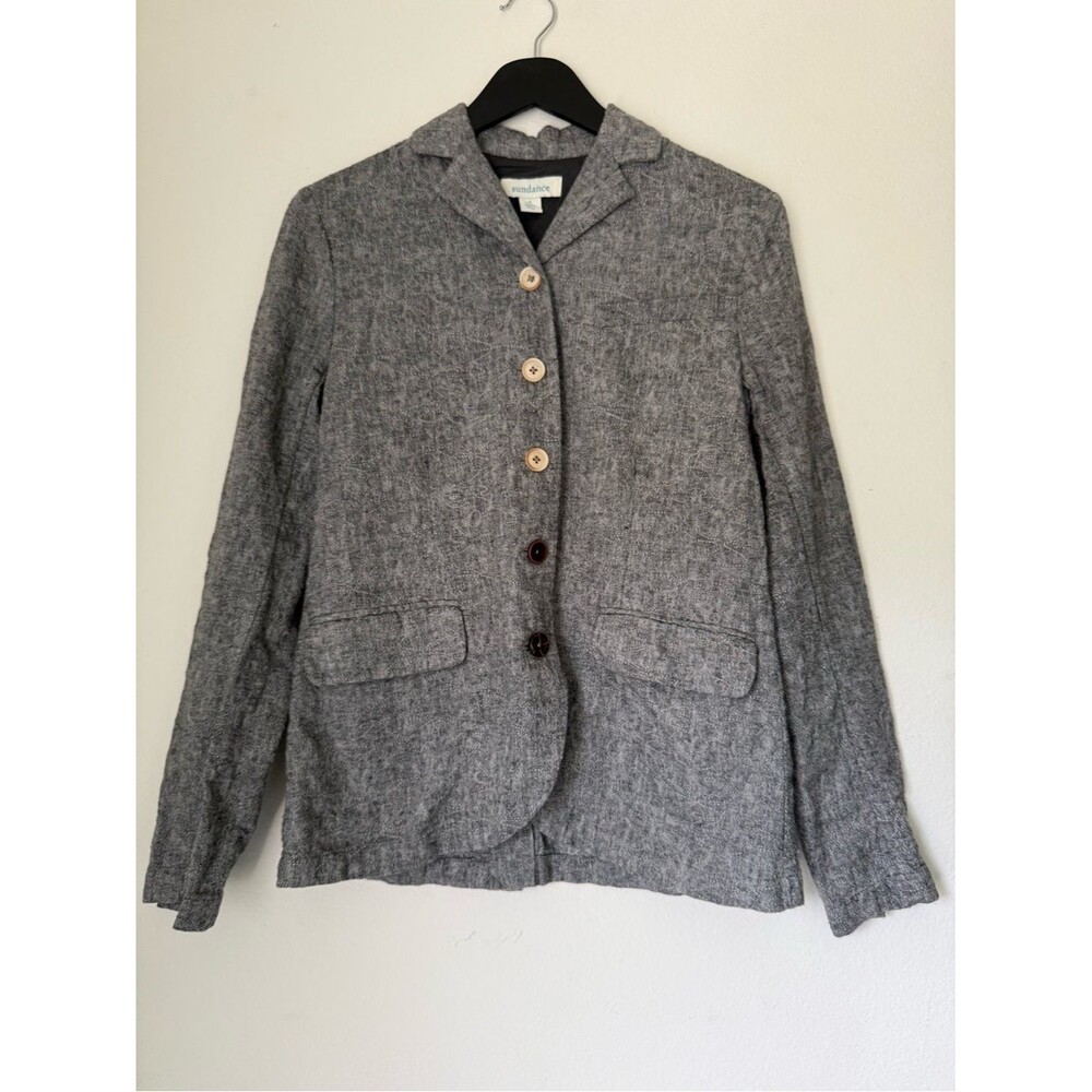 Sundance Linen Cotton Mixed Button Embroidered Textured Gray Blazer Small